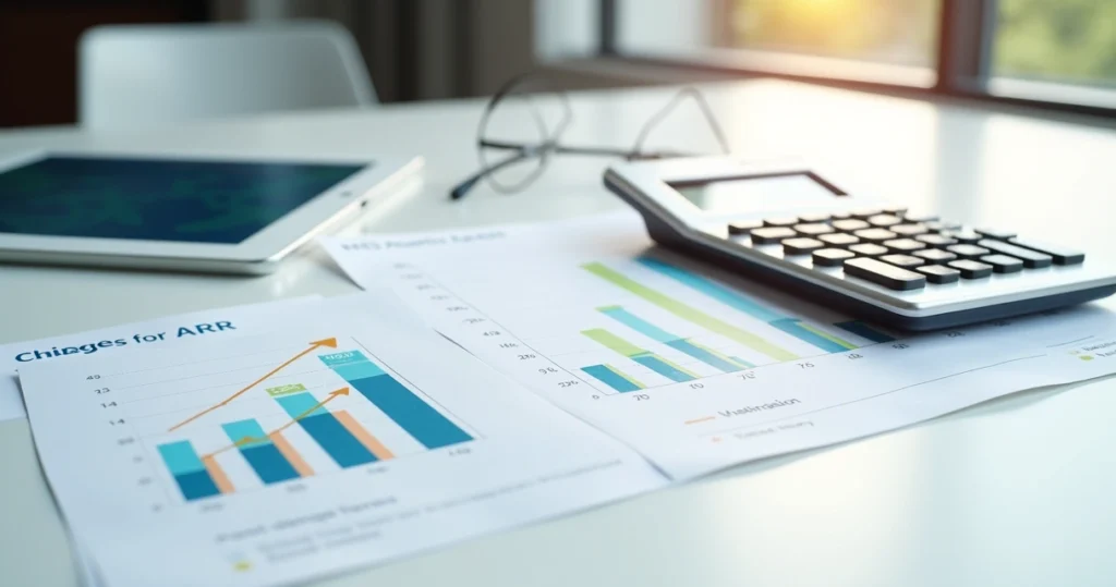 Calculadora e gráficos financeiros sobre mesa branca com dados de receita recorrente anual