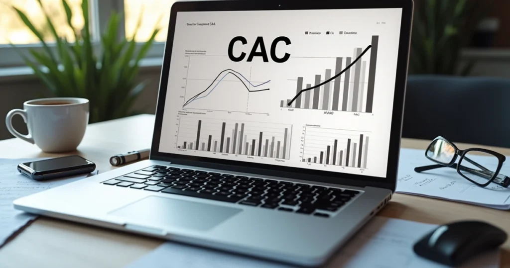 Mesa de escritório com laptop mostrando gráficos de CAC e anotações de cálculo em papel