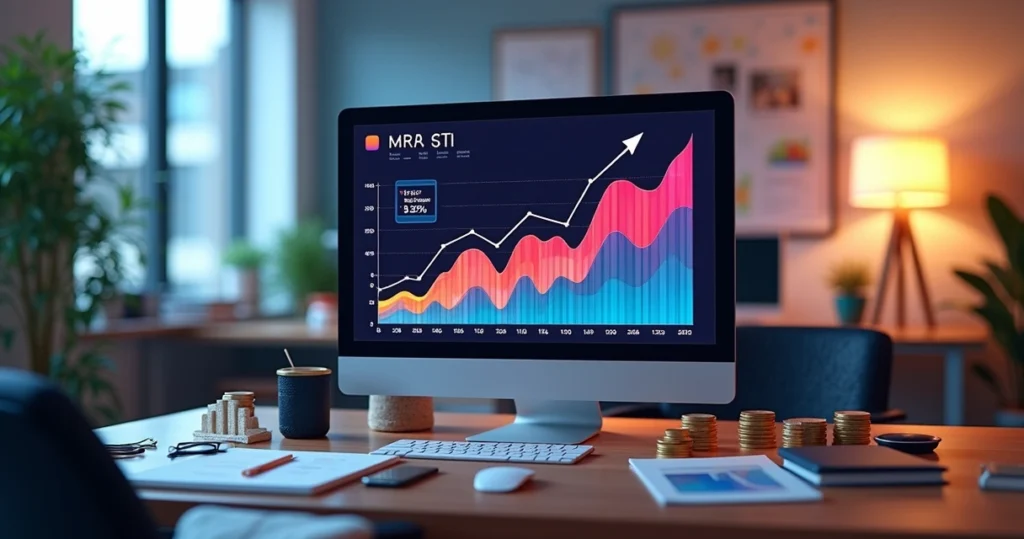 Gráfico de crescimento de receita mensal recorrente em tela de computador com ilustrações de equipes e gráficos financeiros ao redor
