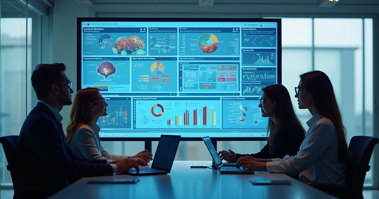 Profissionais analisando gráficos e dados em tela digital para definir perfil de cliente ideal SaaS com ambiente moderno de escritório