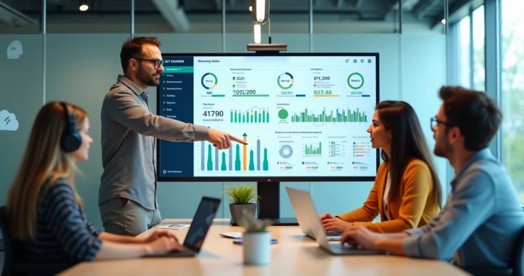 Time de Customer Success analisando métricas em painel de SaaS