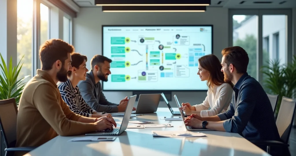 Equipe de startup discutindo planejamento de MVP em ambiente moderno de escritório