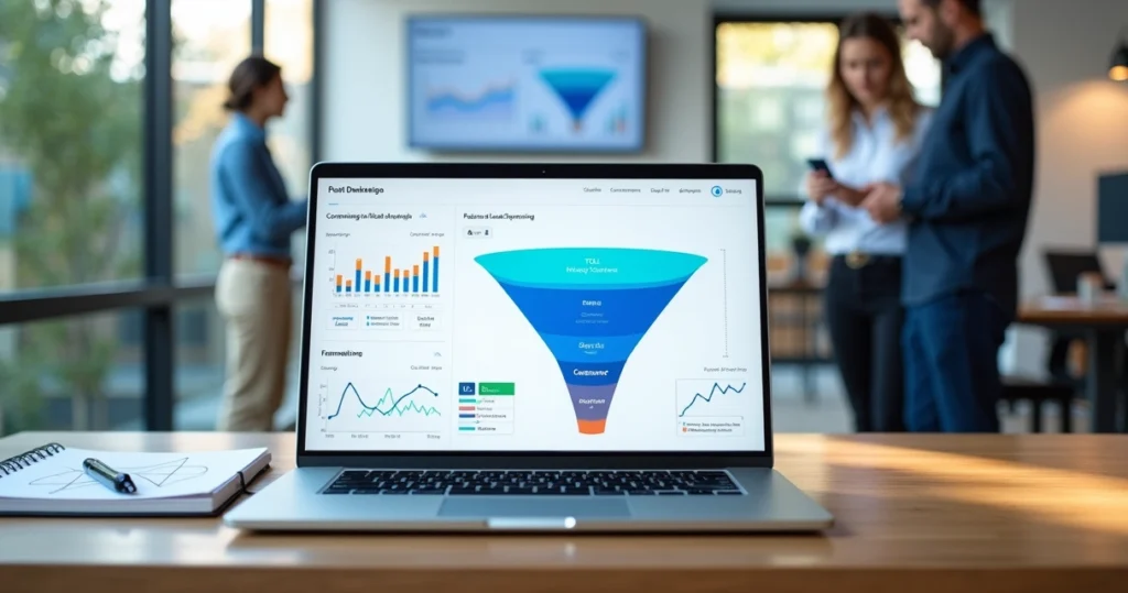 Dashboard de marketing SaaS com funil de MQL destacado em tela de notebook