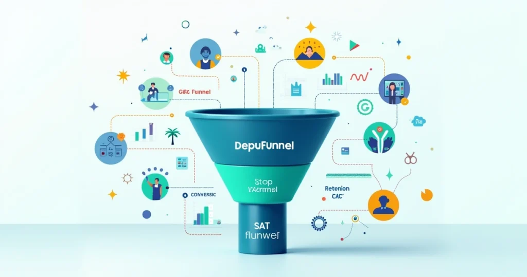 Representação detalhada e colorida de um funil de vendas SaaS com etapas do topo à recompra, ícones de tecnologia e gráficos de conversão