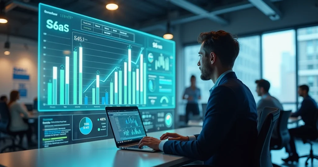 Gestor de Customer Success em escritório moderno acompanhando métricas em tela digital