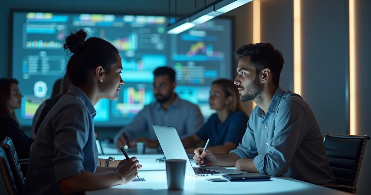 Equipe diversa em reunião virtual interagindo com gráficos e checklists de onboarding digital