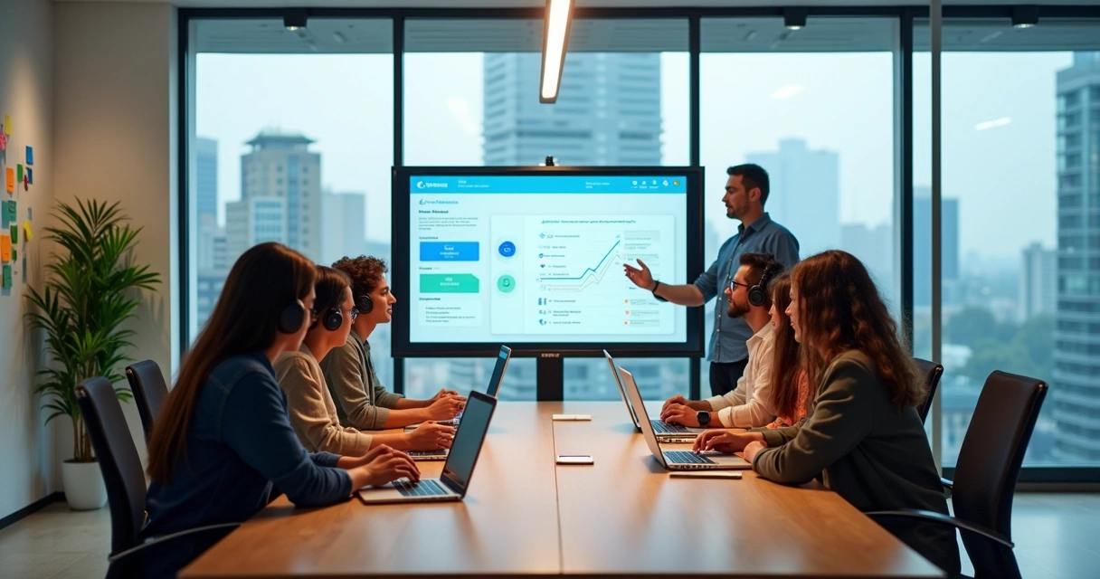 Equipe de novos talentos em onboarding em empresa SaaS em reunião com laptops