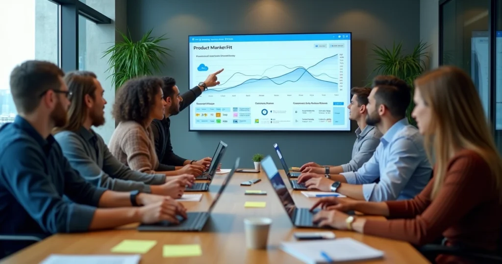 Dashboard de startup SaaS mostrando gráfico de crescimento e usuários felizes em reunião