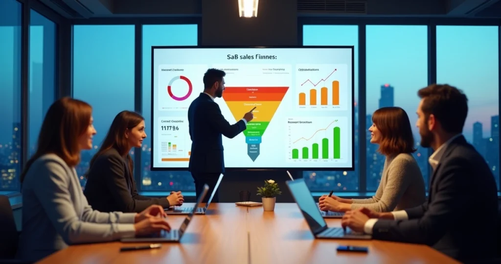 Equipe de vendas B2B analisando funil de vendas SaaS em tela grande de computador
