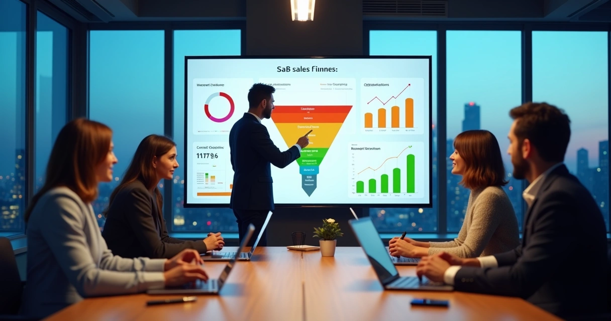 Equipe de vendas B2B analisando funil de vendas SaaS em tela grande de computador